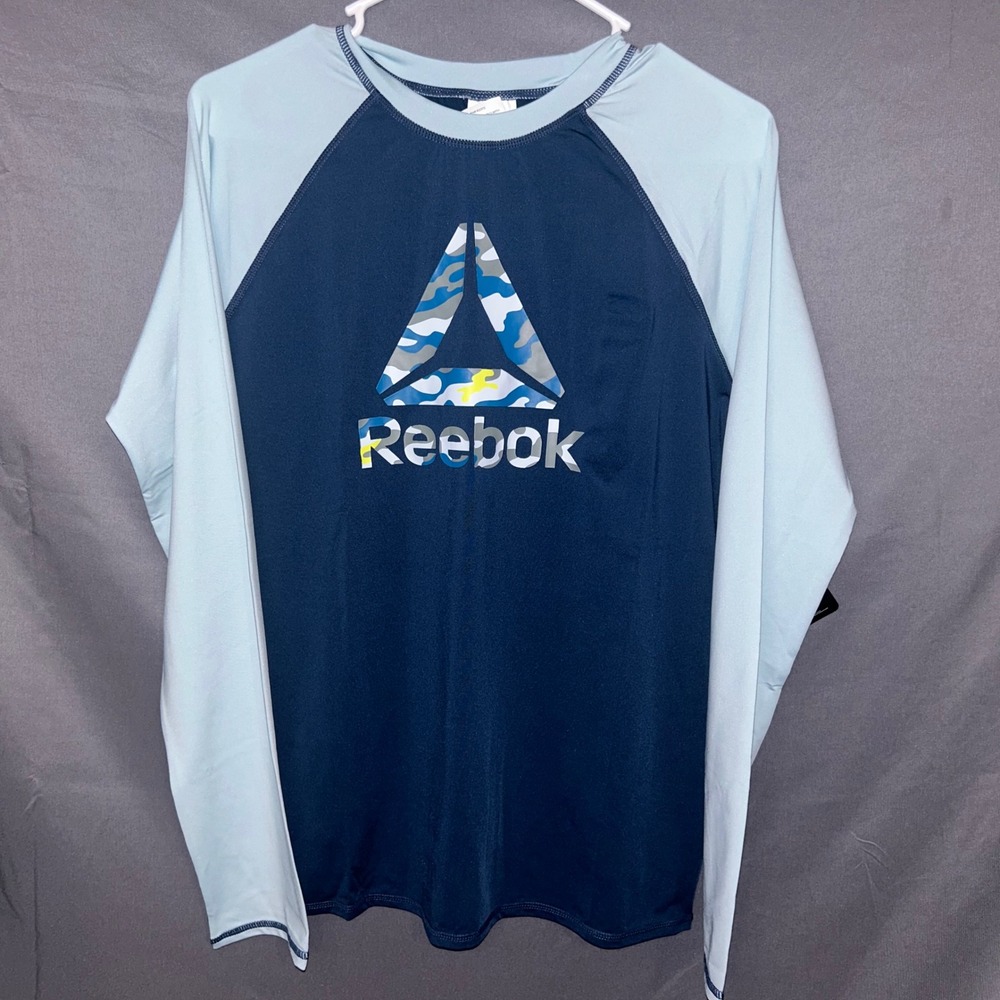 Reebok Boys Long Sleeve Rash Guard Swim Shirt Blue Camo Logo Size‎ XXL 18 NEW